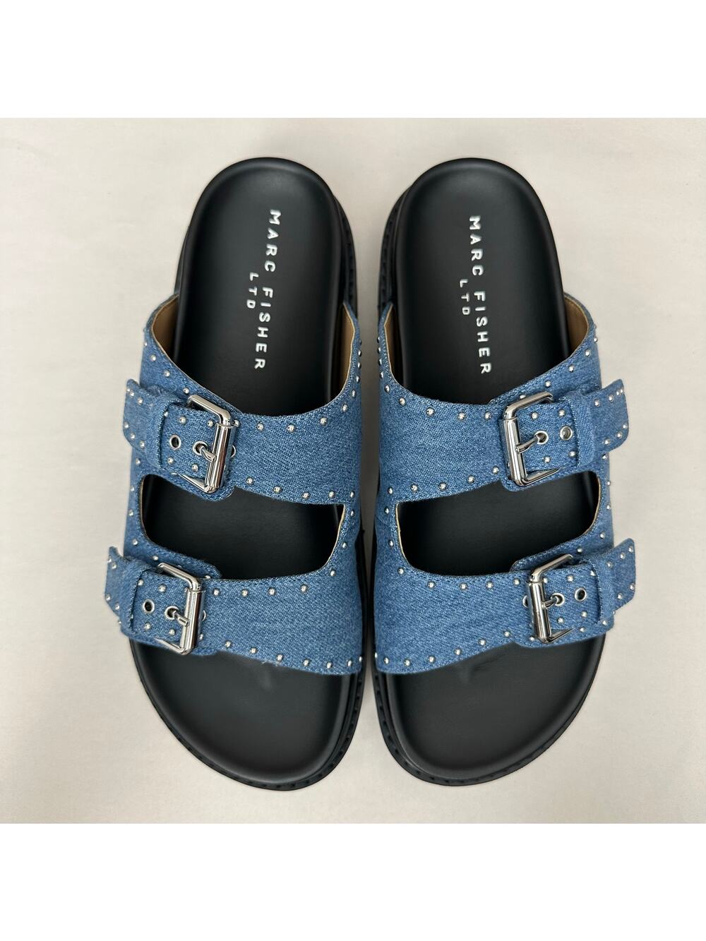 Marc Fisher Agusta Double Buckle Studded Denim Flat Slide Sandal Size 9.5 NIB
